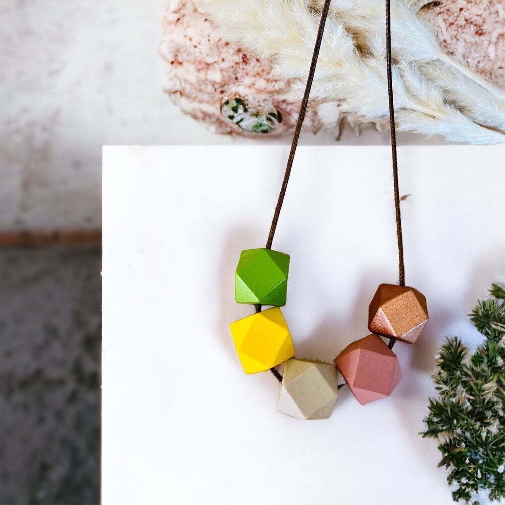 NEW Handmade Wooden Geometric Modern Beaded Statement Necklace Colorful Jewelry
